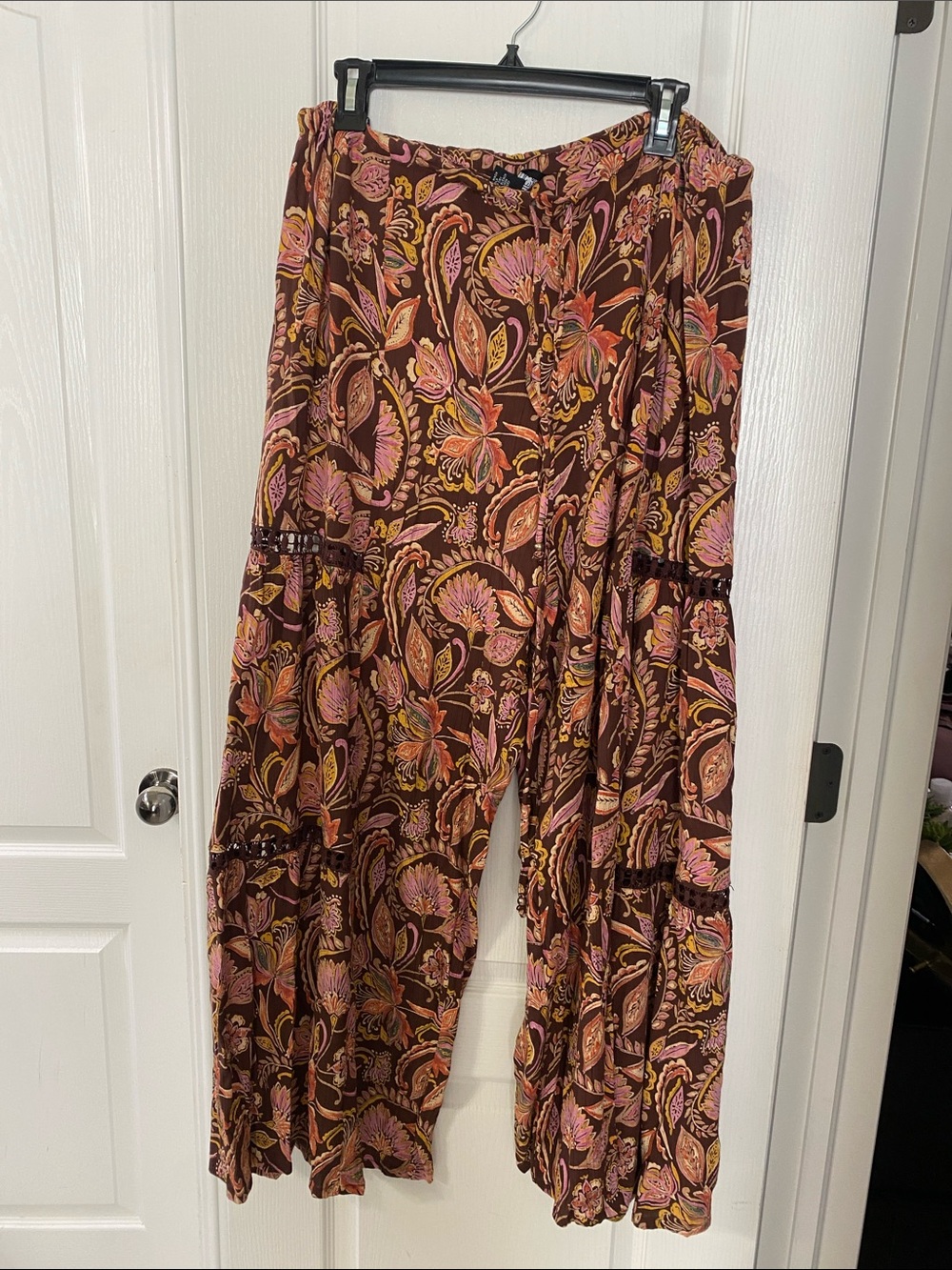 Angie Brown Floral Wide-Leg Pants with Pink & Orange Accents